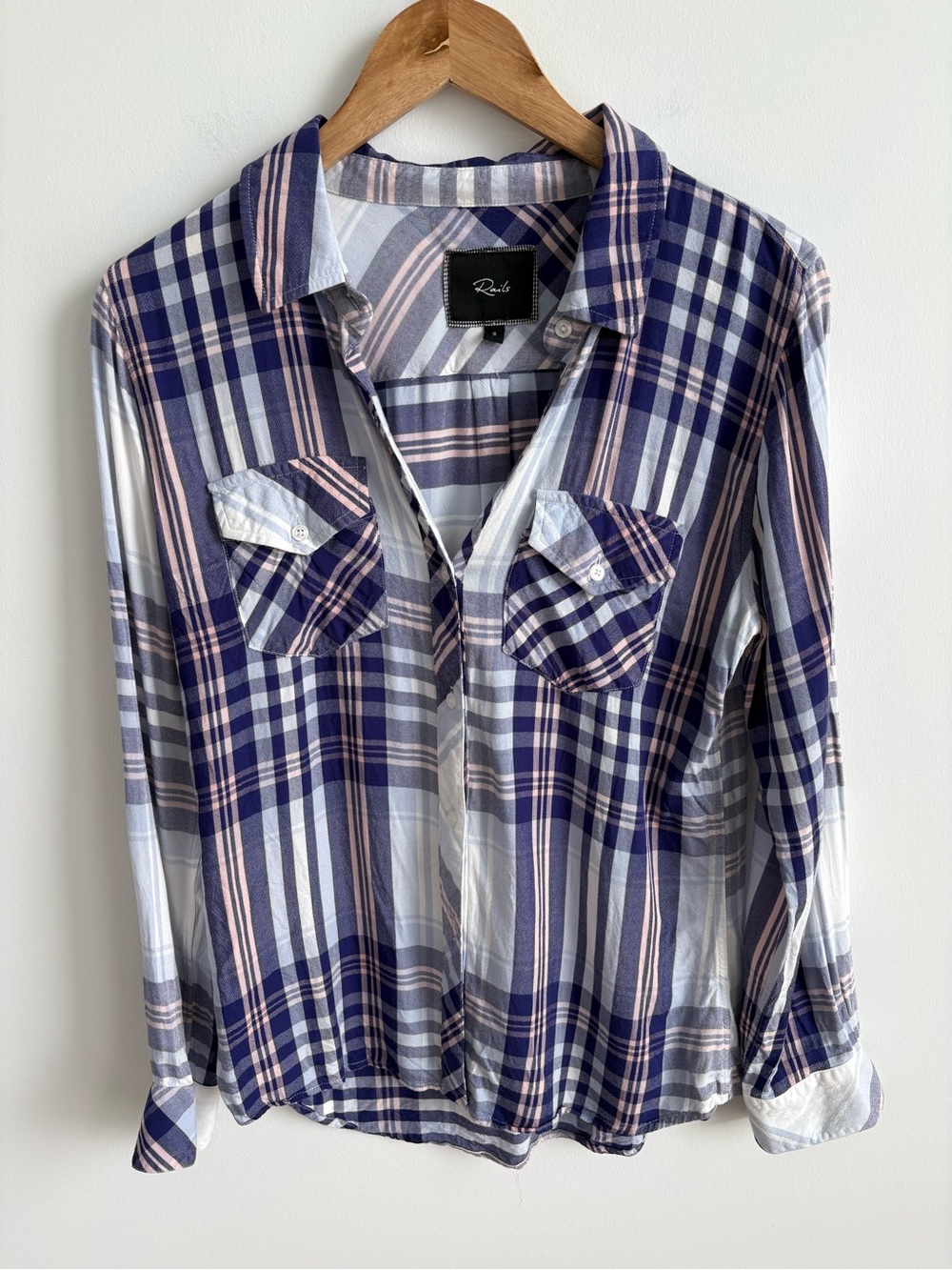 Rails Plaid Button Down Shirt Navy Blush Double Pocket Small